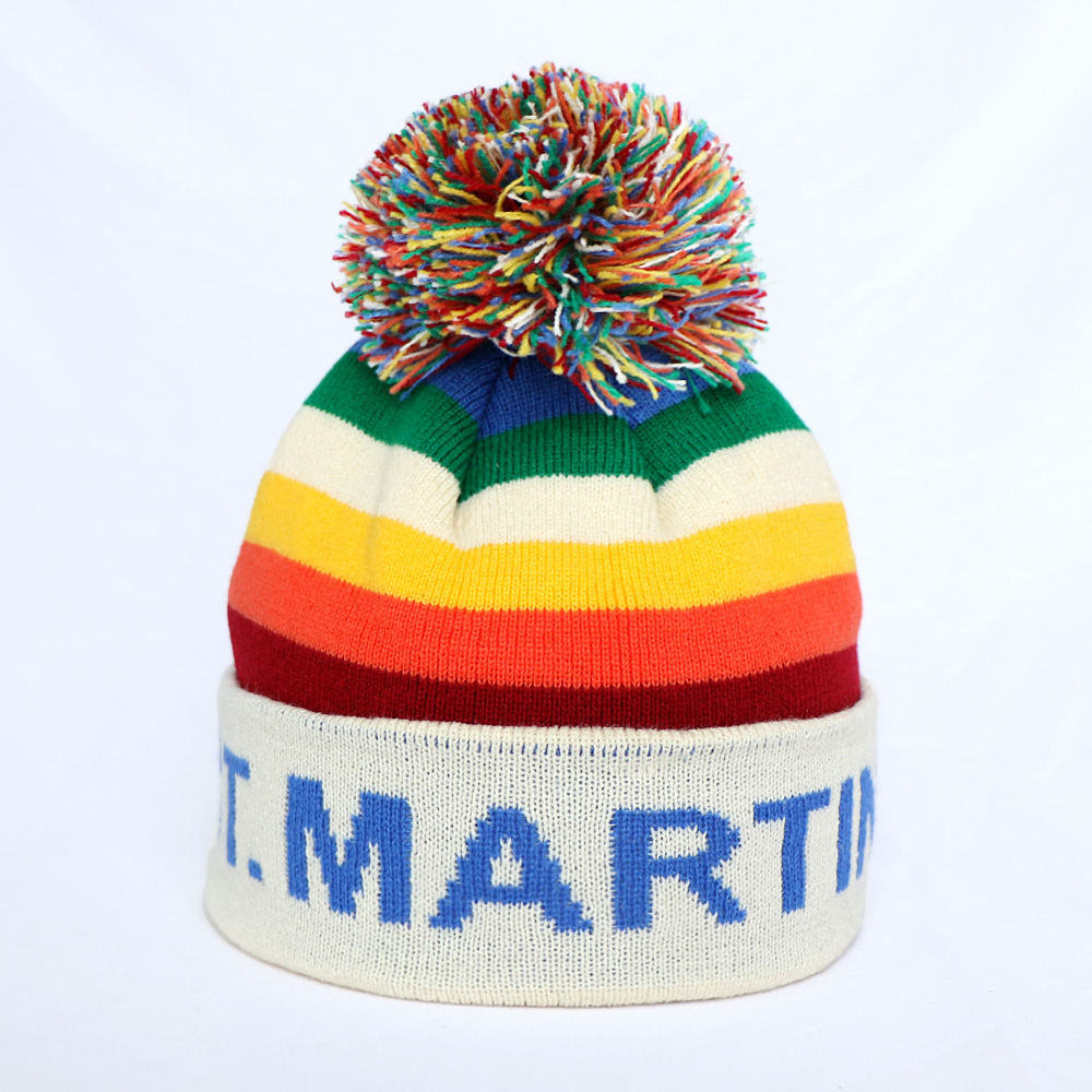 POLO CLUB Rainbow Stripe Pom-Pom Cuffed Knit Beanie