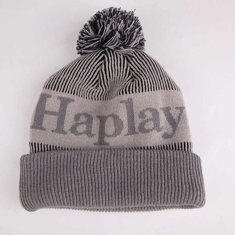Letter Jacquard Cuffed Pom Pom Knit Beanie Hat