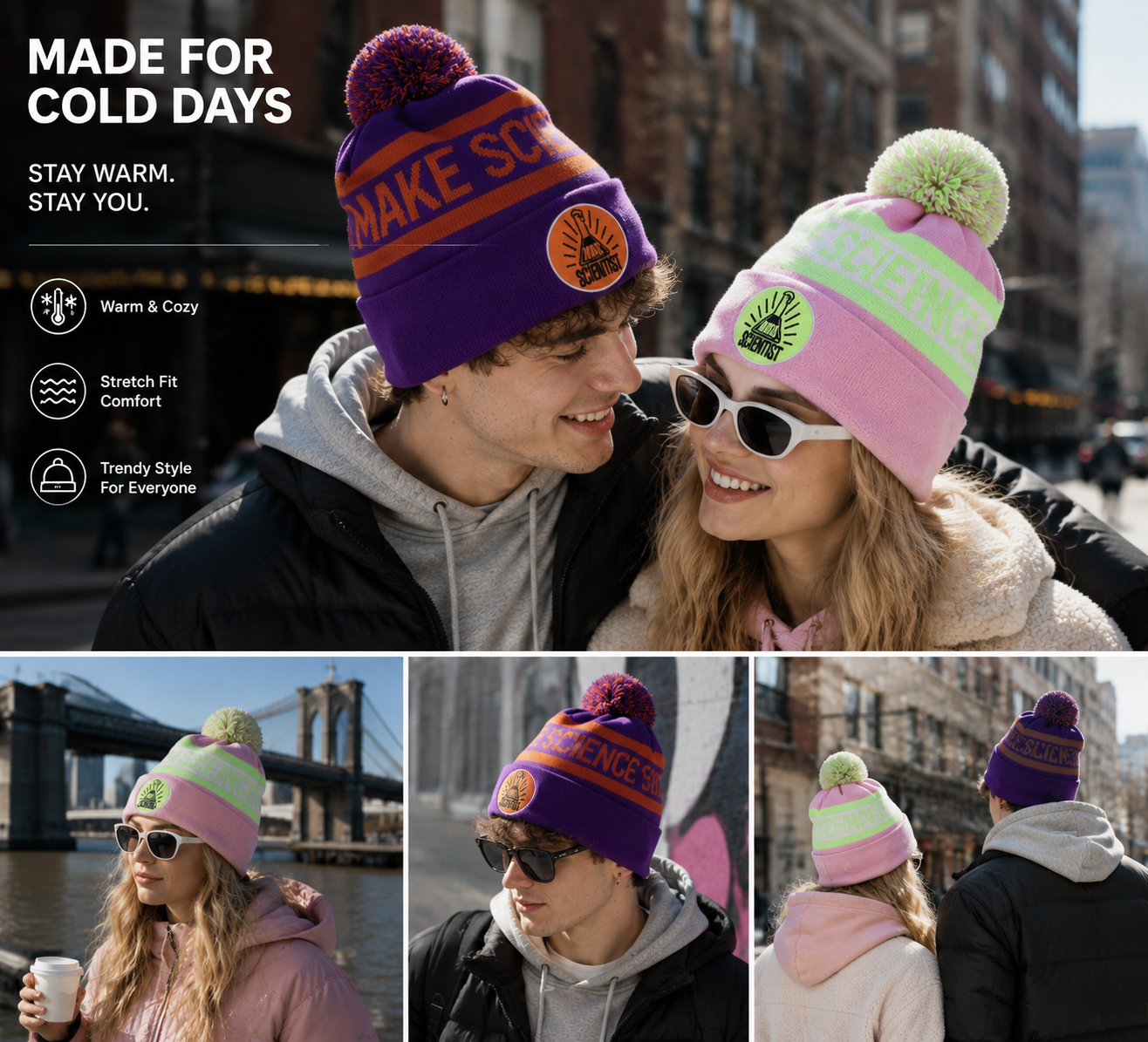 Colorful Jacquard Pom Pom Knit Beanie Hat Set – Winter Warm Street Style Caps