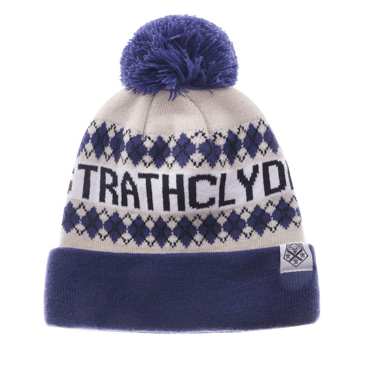 Navy Blue Cream Nordic Jacquard Pom Pom Cuffed Knit Beanie