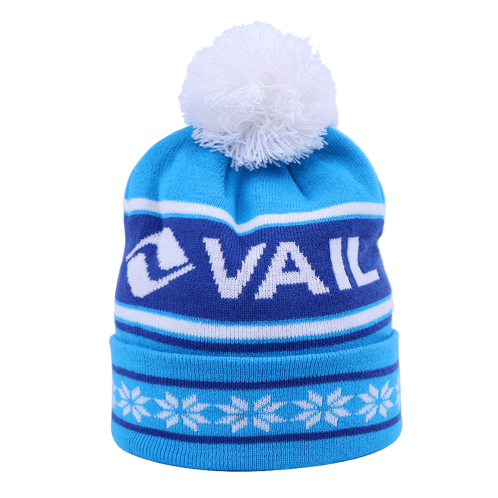 Blue Snowflake Jacquard Pom Pom Cuffed Knit Beanie