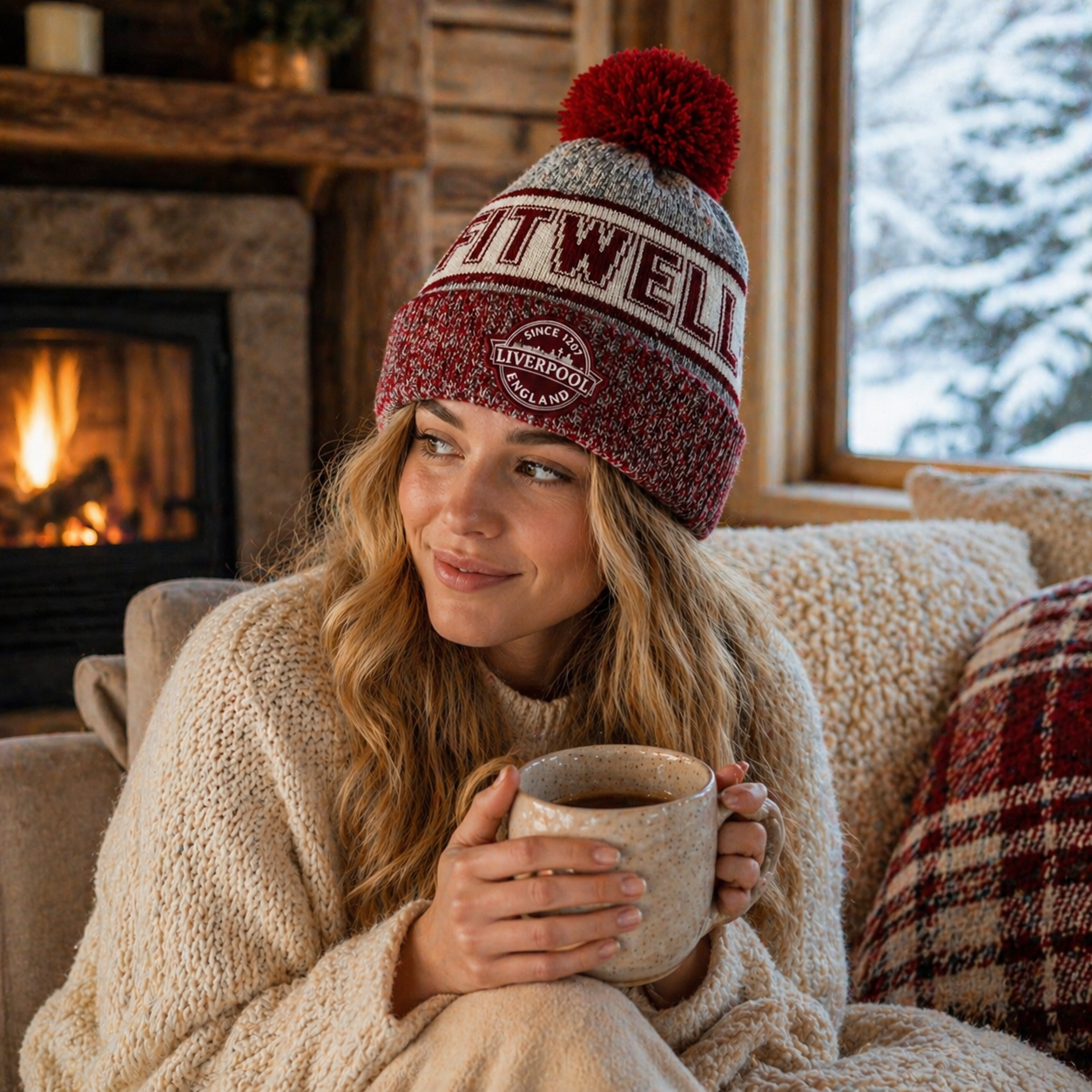 Burgundy Grey Pom Pom Cuffed Jacquard Knit Beanie Hat