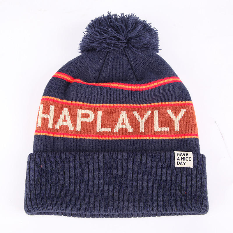 Striped Pom Pom Cuffed Jacquard Knit Beanie Hat