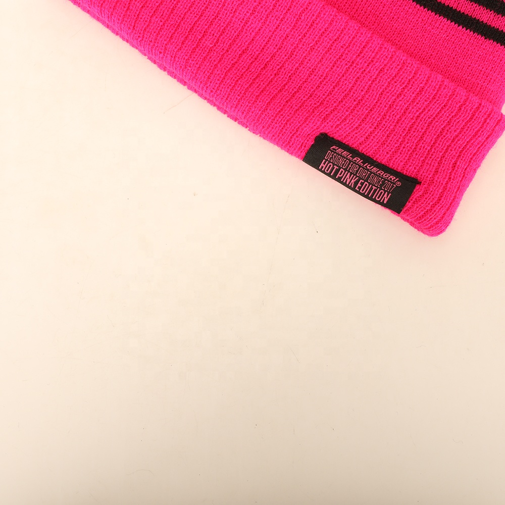 Winter Pom Pom Knitted Beanie Hat with Bold Letter Jacquard Cuffed Design