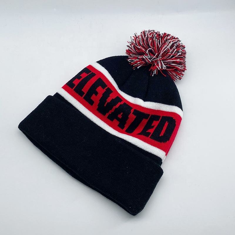 Elevated Jacquard Pom Pom Winter Beanie Hat with Cuffed Design