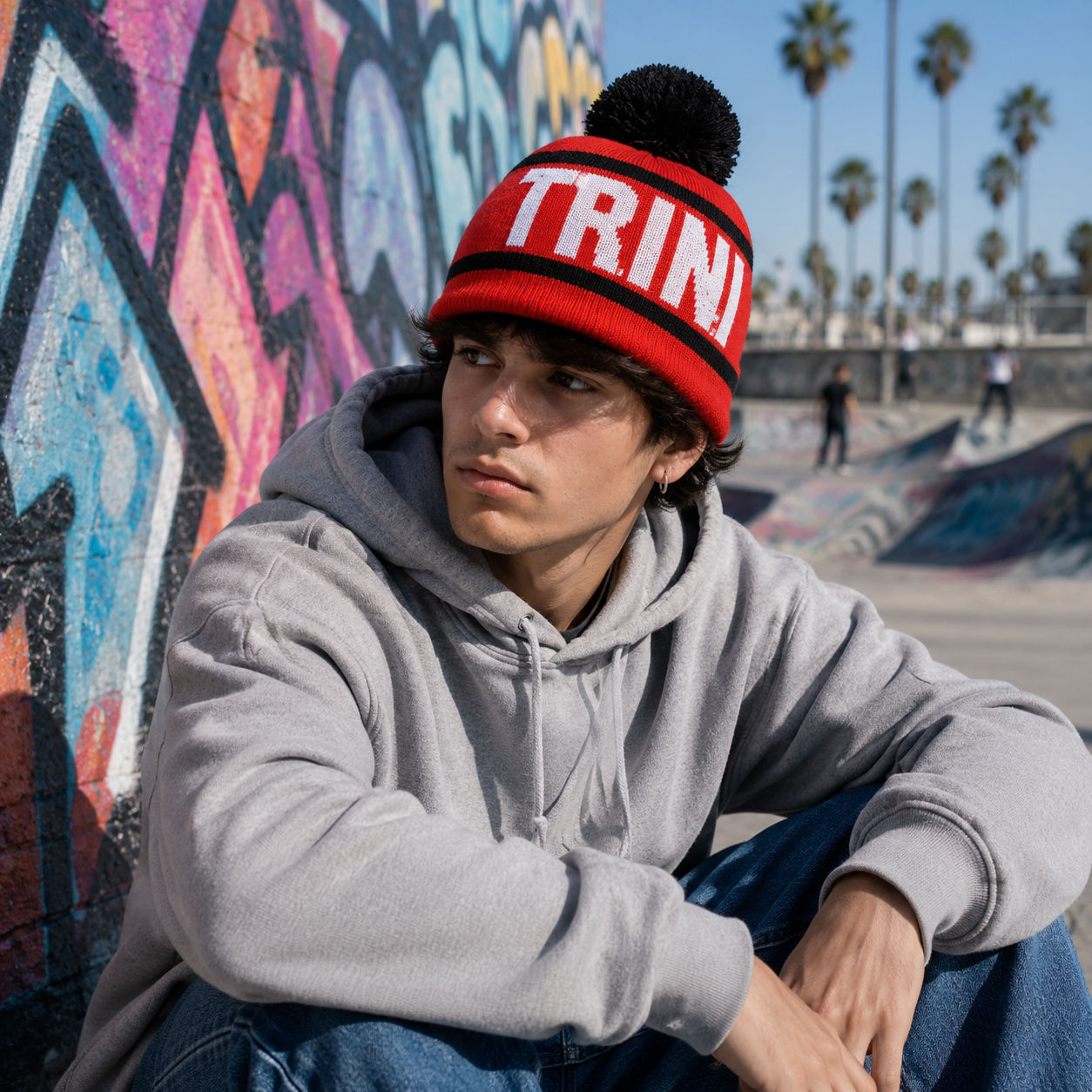 Red TRINI Jacquard Pom Pom Knitted Beanie Hat