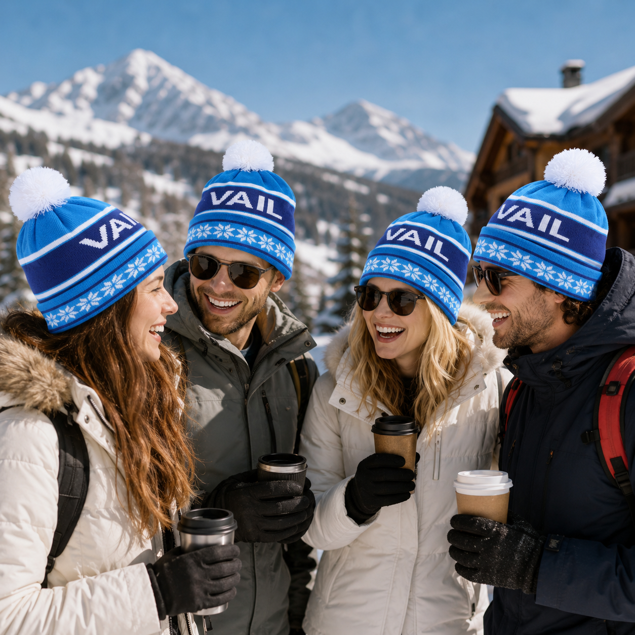 Blue Snowflake Jacquard Pom Pom Cuffed Knit Beanie