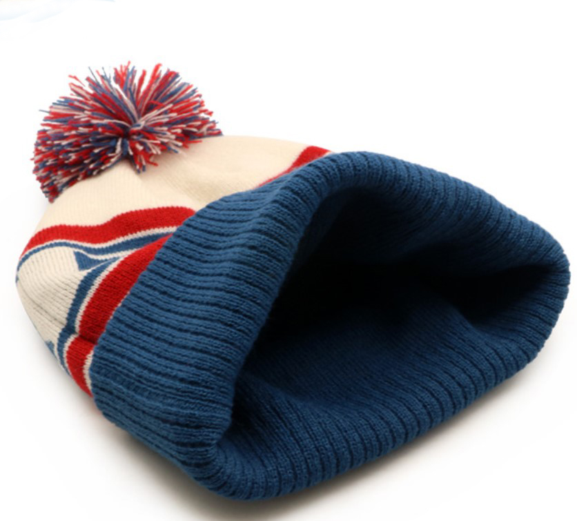Retro Jacquard Pom Pom Winter Beanie Hat with Bold Letter Design