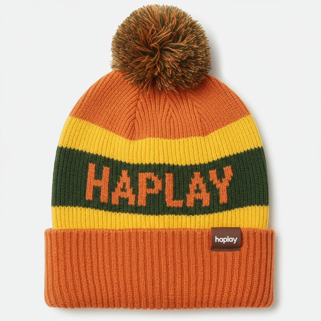 Color Block Pom Pom Jacquard Knit Winter Beanie with Folded Cuff