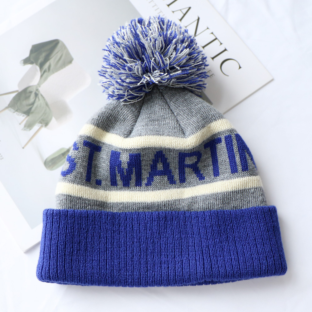 Blue Grey Striped Pom Pom Knitted Beanie Hat with Letter Jacquard Cuff