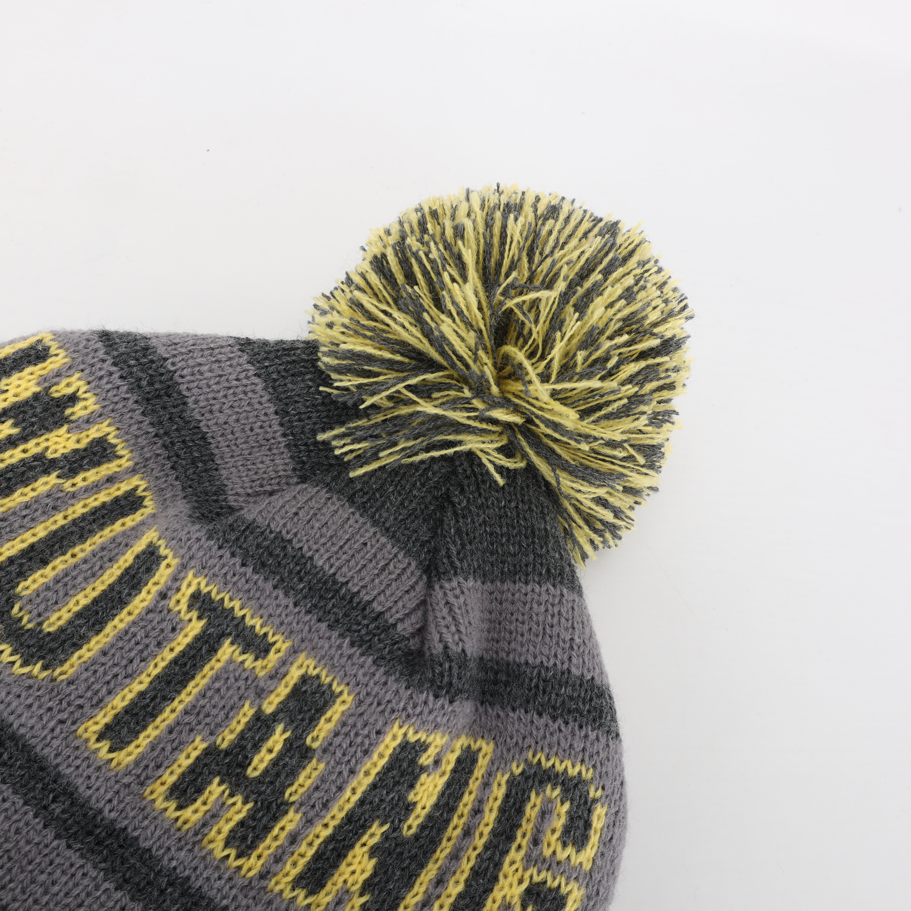 Gray Yellow Jacquard Pom Pom Cuffed Knit Beanie Hat