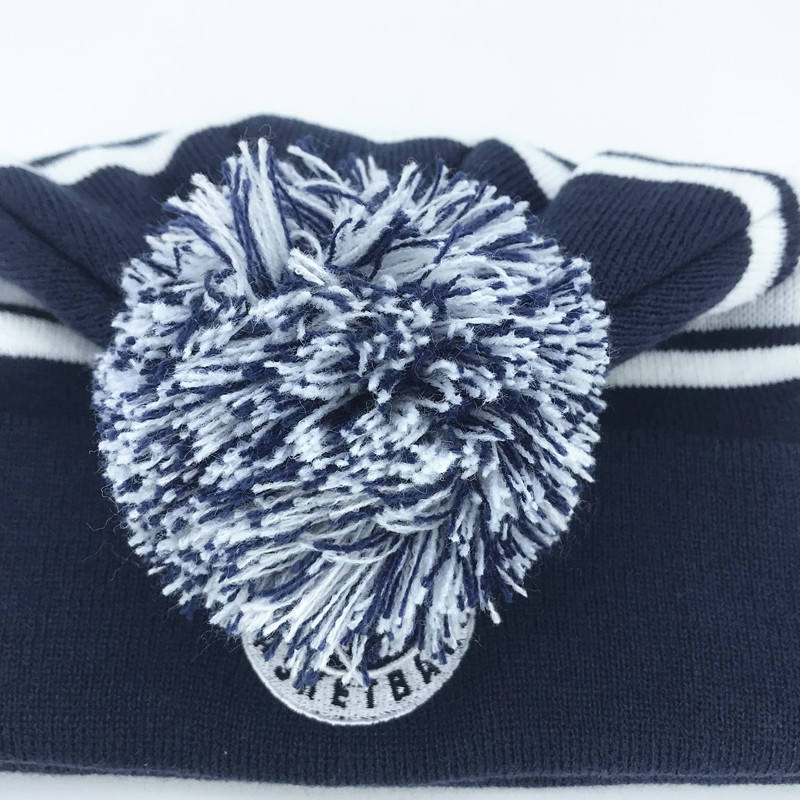 Navy and White Pom Pom Beanie with Frankston Basketball Jacquard Logo