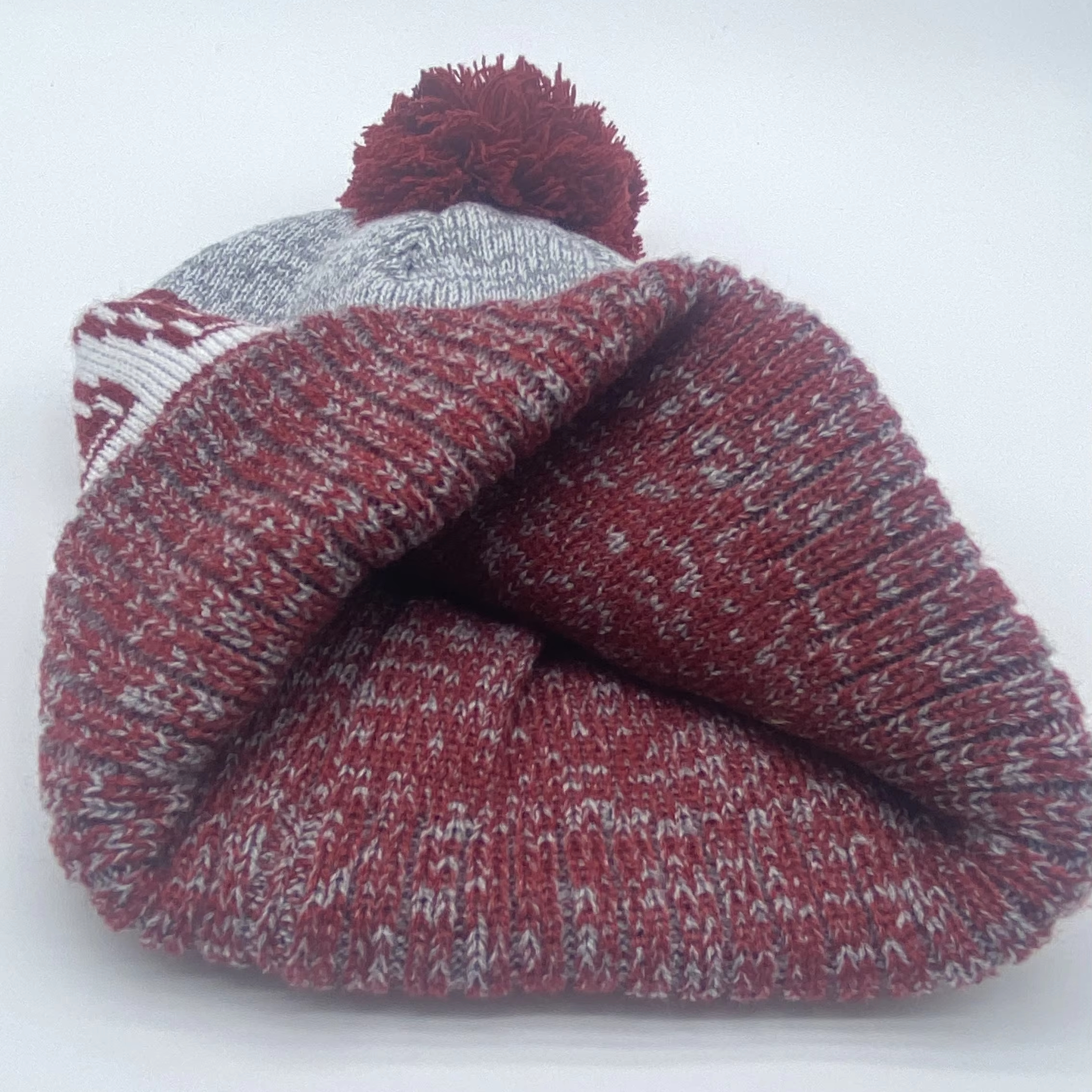 Burgundy Grey Pom Pom Cuffed Jacquard Knit Beanie Hat