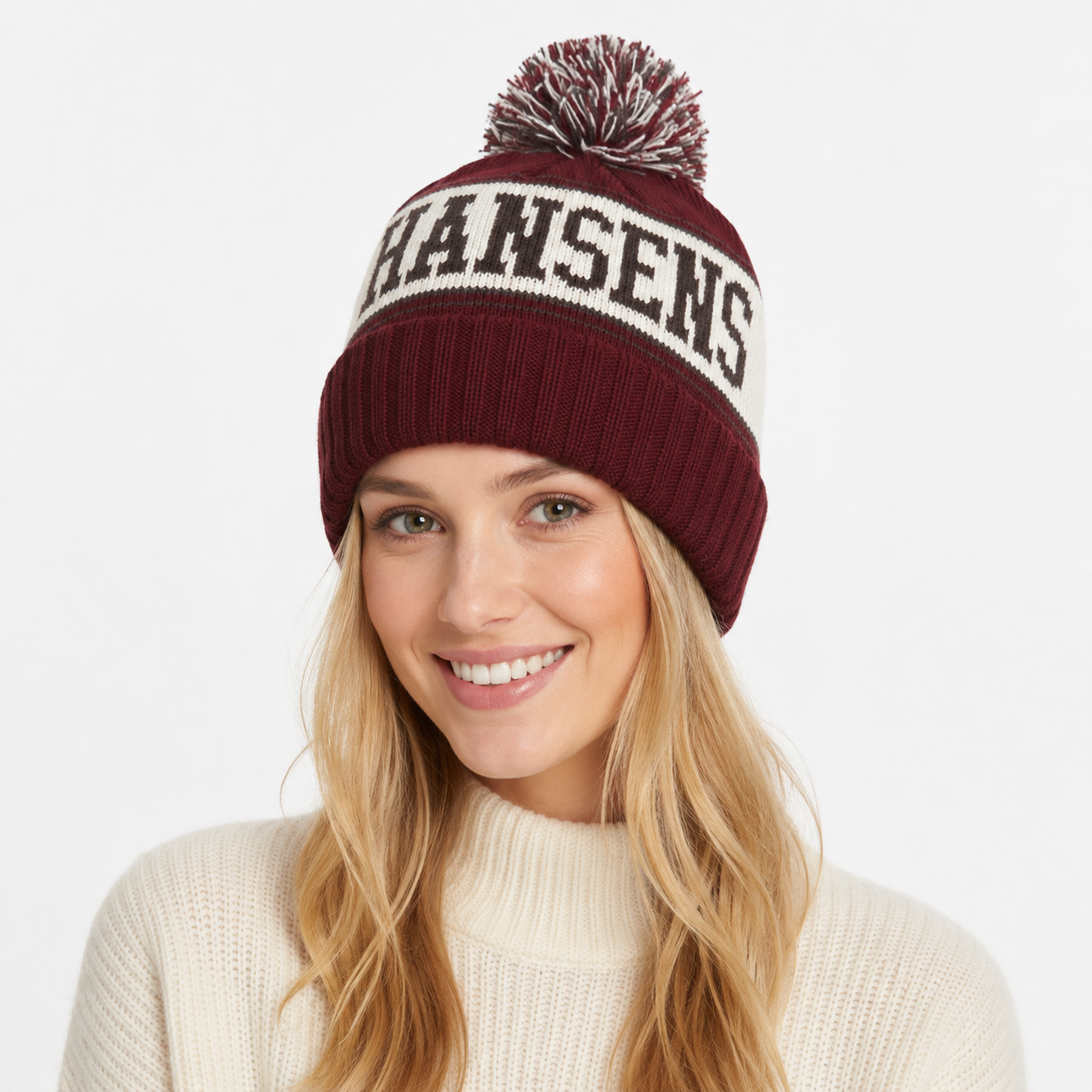 Two-Tone Pom Pom Cuffed Jacquard Knit Beanie Hat