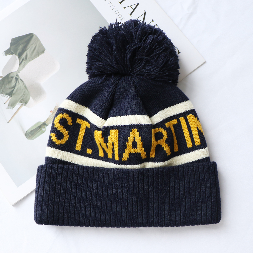 Classic Letter Jacquard Pom Pom Knit Beanie Hat Winter Cuffed Cap