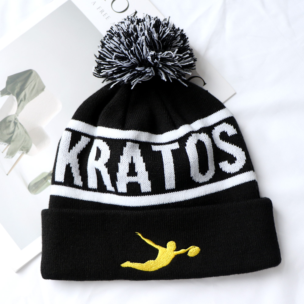 Black Rugby KRATOS Jacquard Pom Pom Beanie with Embroidered Logo