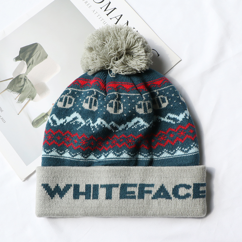 WHITEFACE Jacquard Pom Pom Knitted Beanie Hat