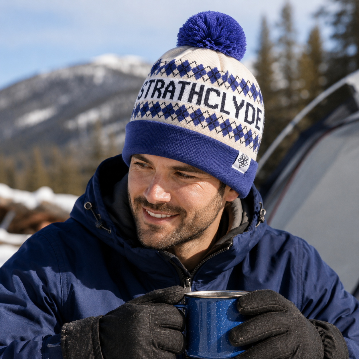 Navy Blue Cream Nordic Jacquard Pom Pom Cuffed Knit Beanie