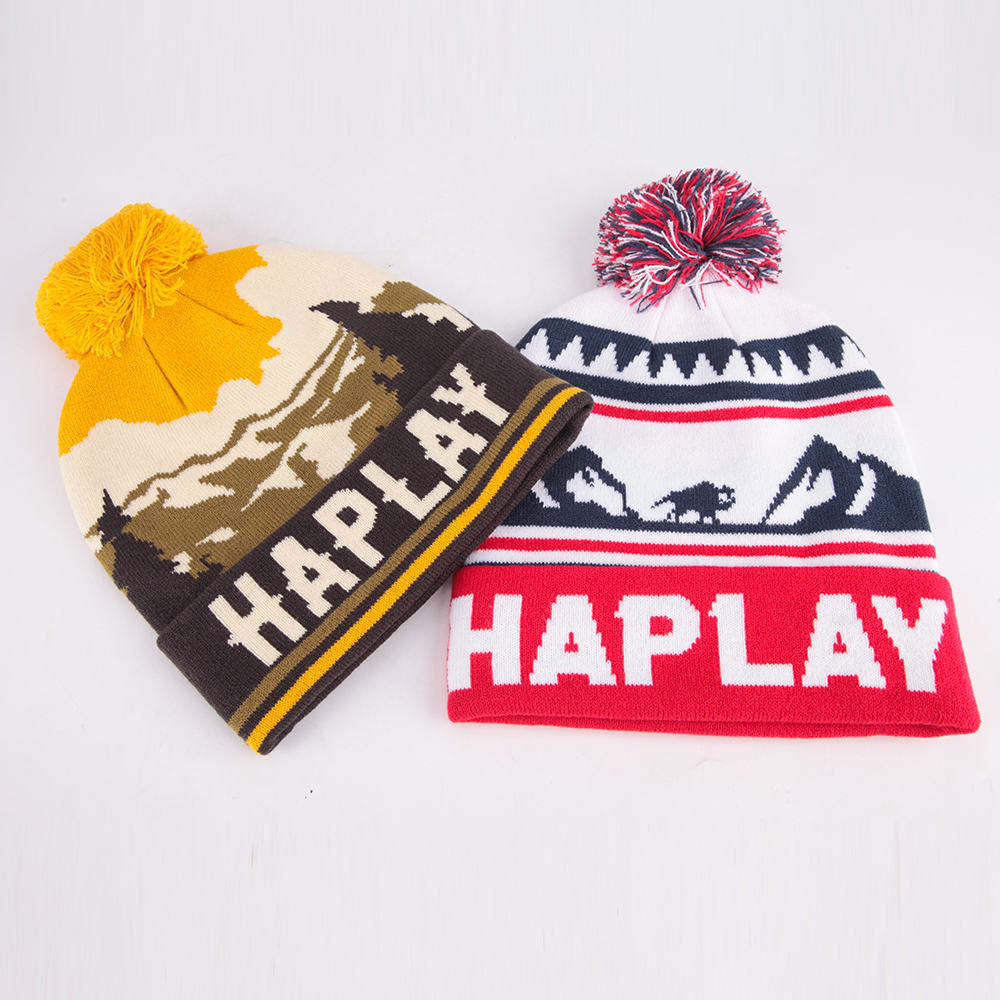 Scenic Landscape Jacquard Pom Pom Cuffed Beanie