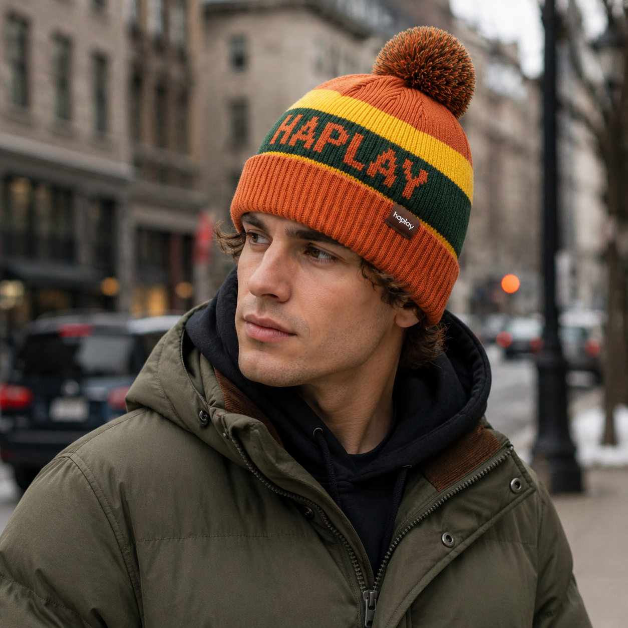 Color Block Pom Pom Jacquard Knit Winter Beanie with Folded Cuff