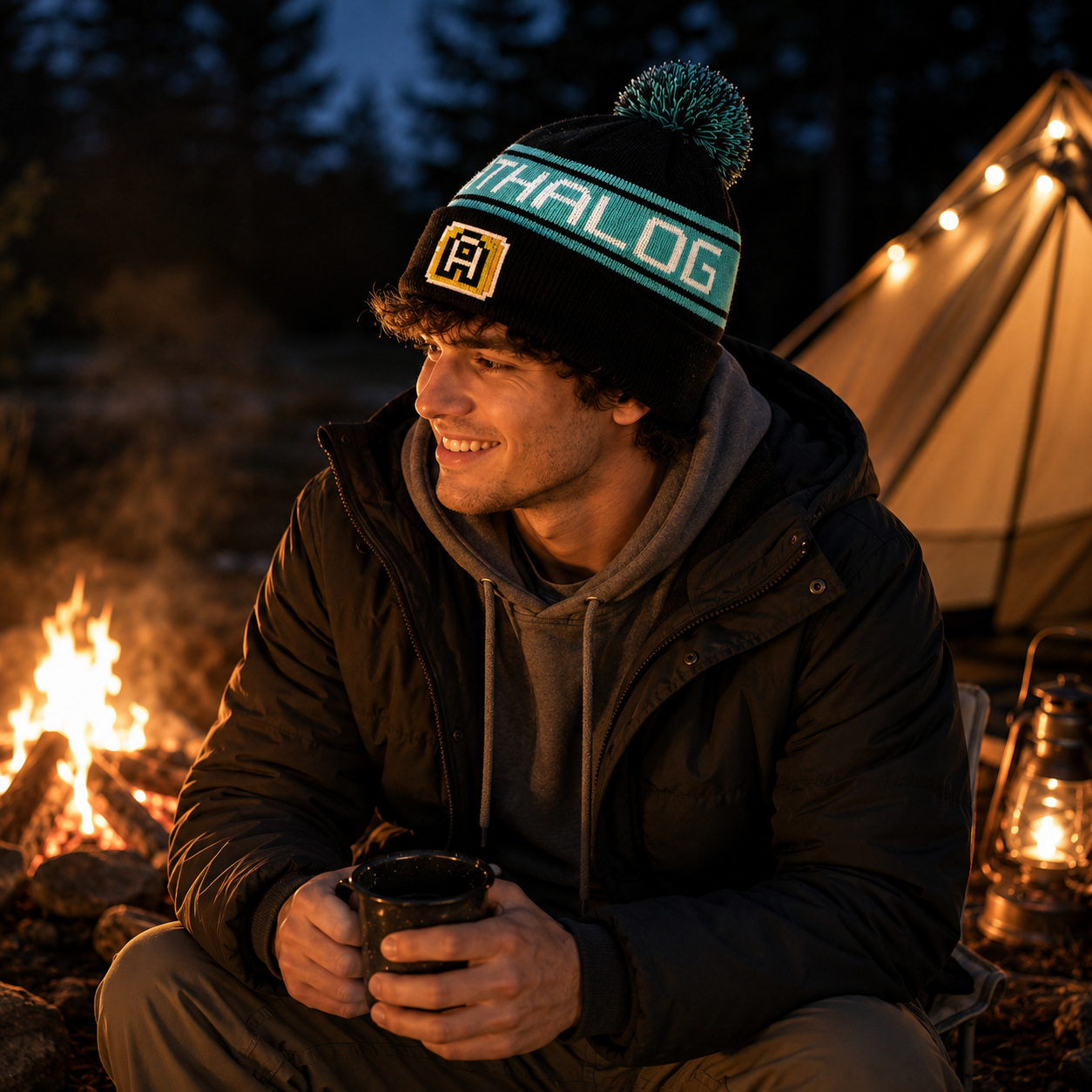 Black & Mint Jacquard Pom Pom Beanie with Letter Patch