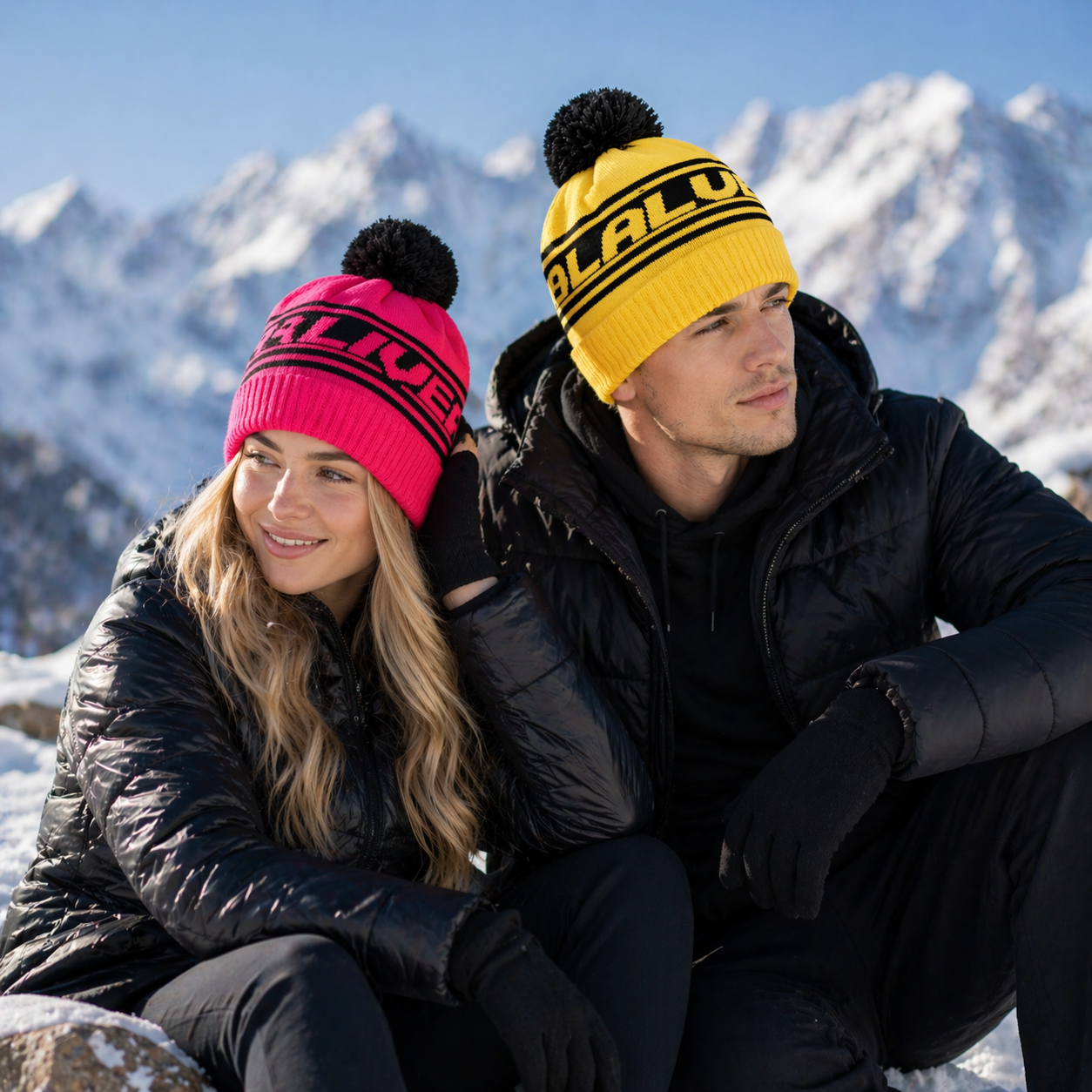 Winter Pom Pom Knitted Beanie Hat with Bold Letter Jacquard Cuffed Design