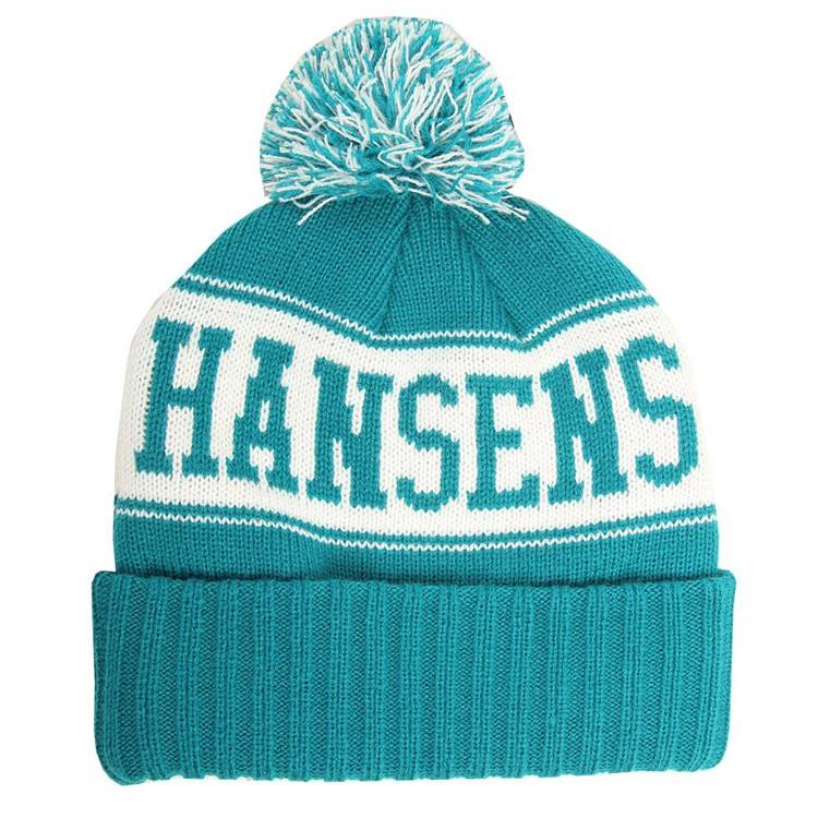 Two-Tone Pom Pom Cuffed Jacquard Knit Beanie Hat
