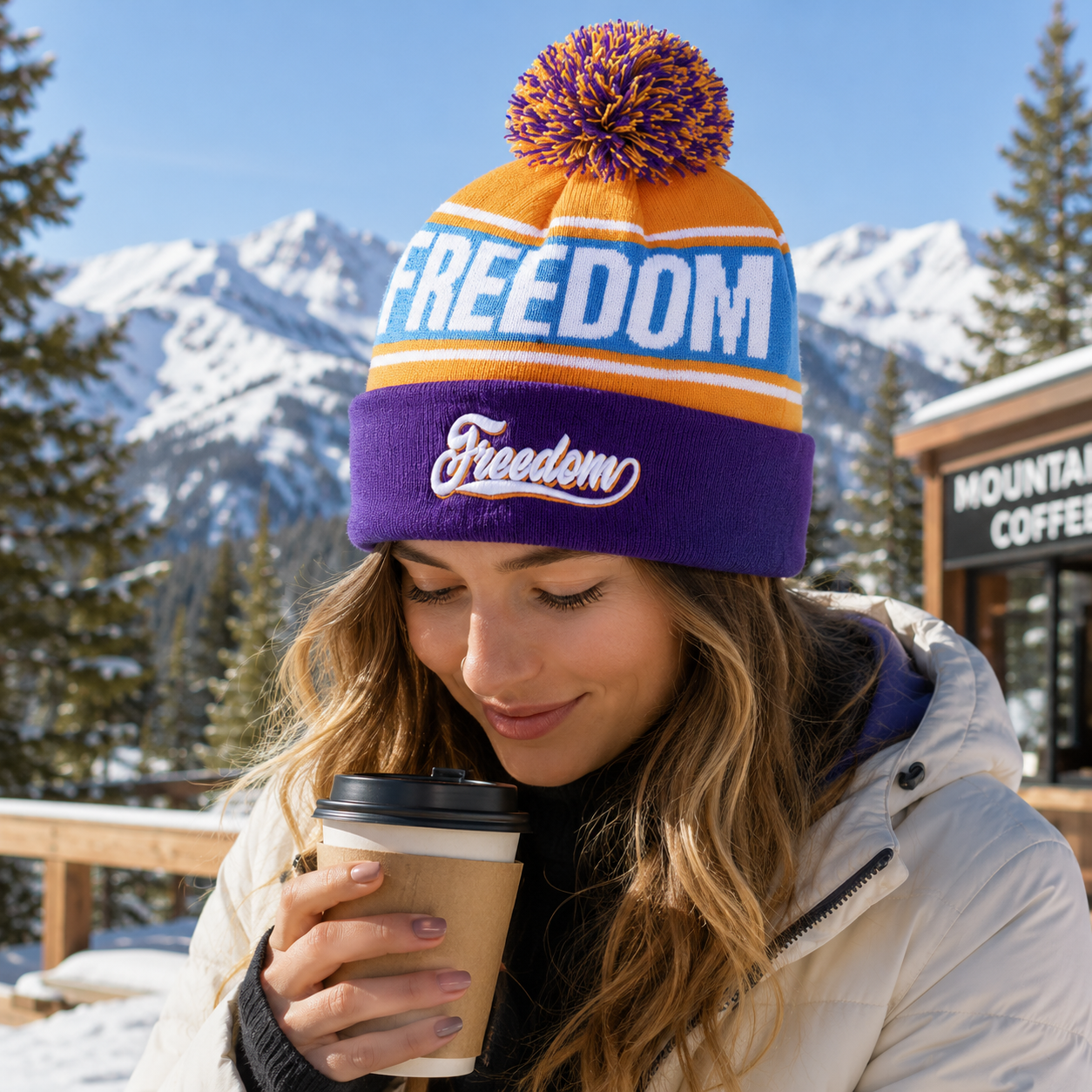 Purple Orange and Sky Blue Freedom Jacquard Pom-Pom Cuffed Beanie