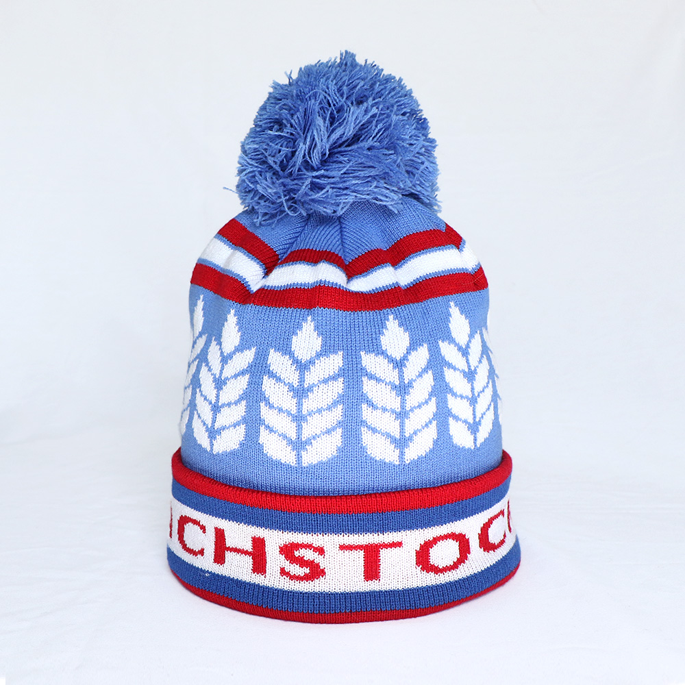Blue Wheat Pattern Jacquard Pom-Pom Cuffed Beanie