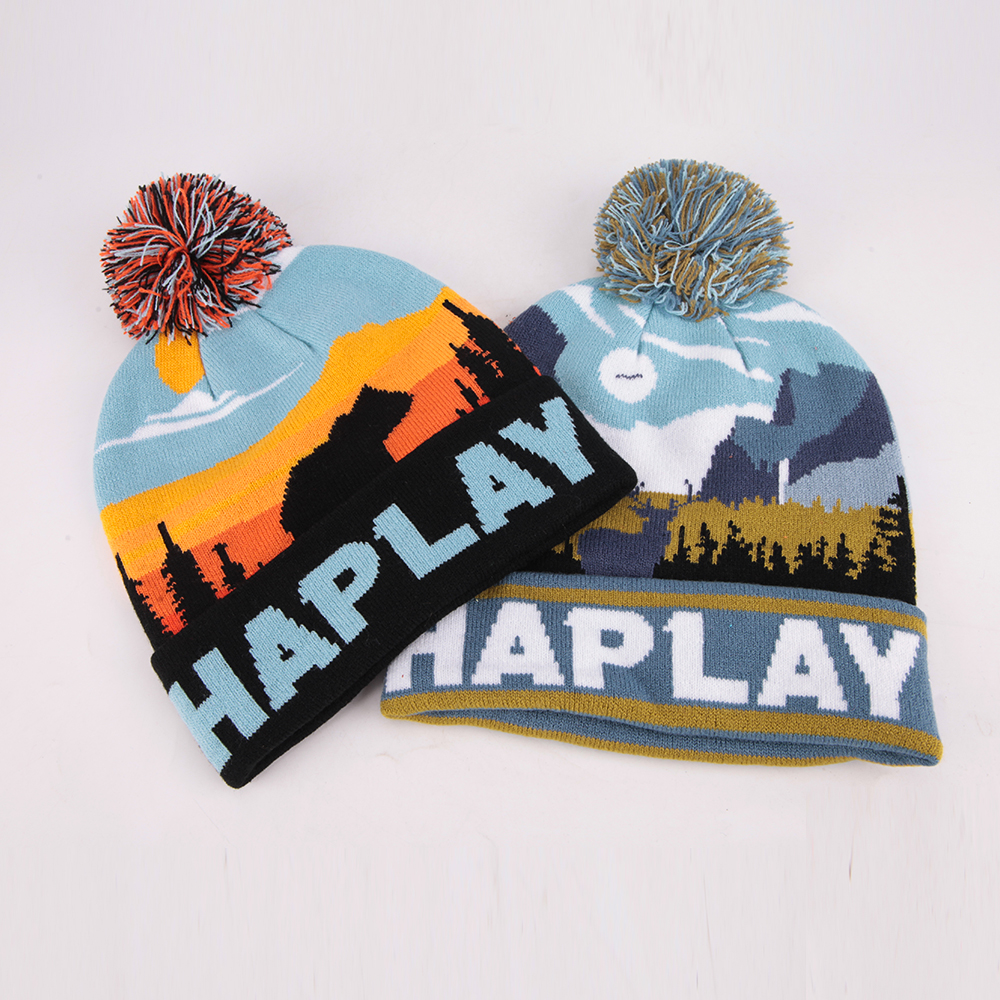 Scenic Landscape Jacquard Pom Pom Cuffed Beanie