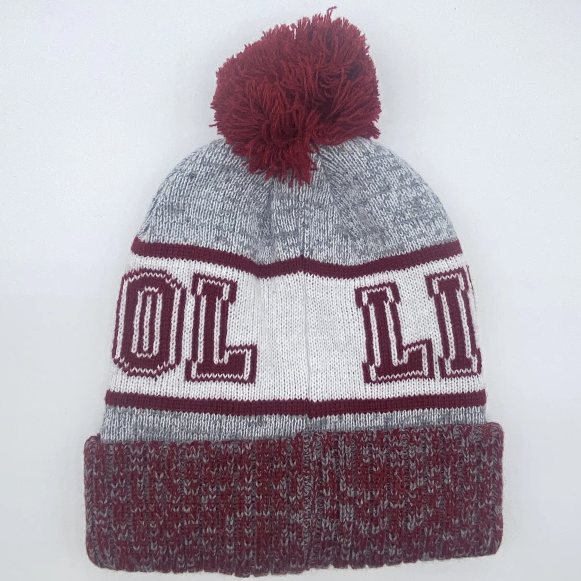 Burgundy Grey Pom Pom Cuffed Jacquard Knit Beanie Hat