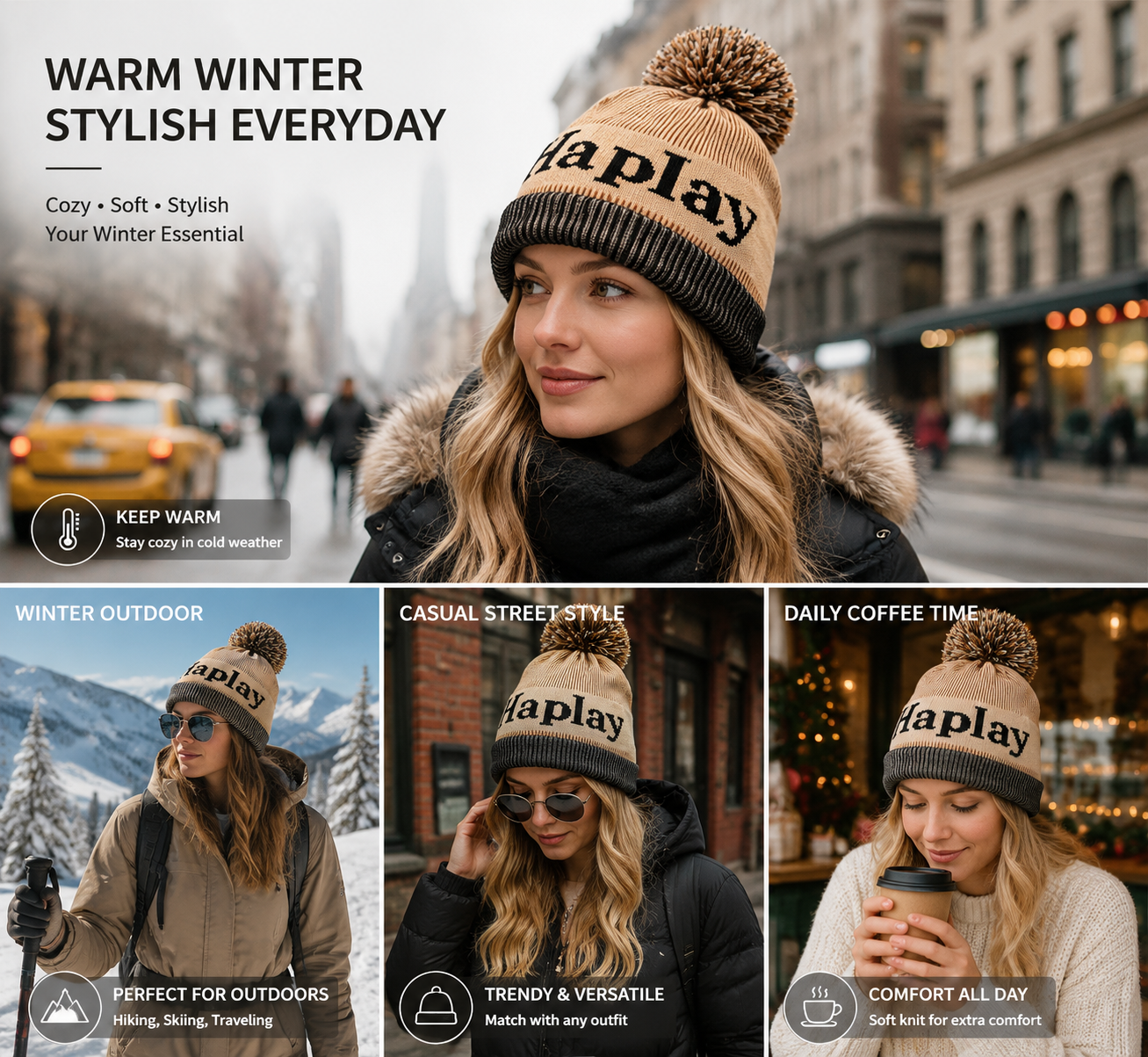 Letter Jacquard Cuffed Pom Pom Knit Beanie Hat