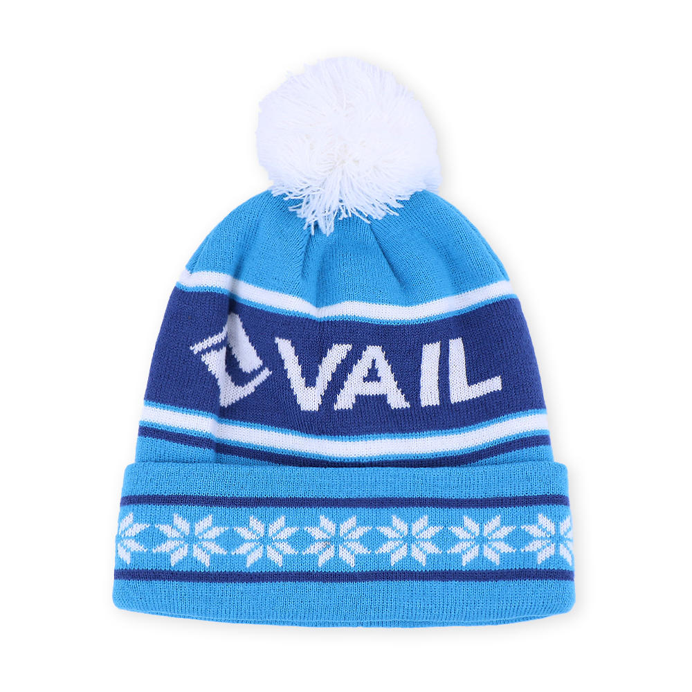 Blue Snowflake Jacquard Pom Pom Cuffed Knit Beanie