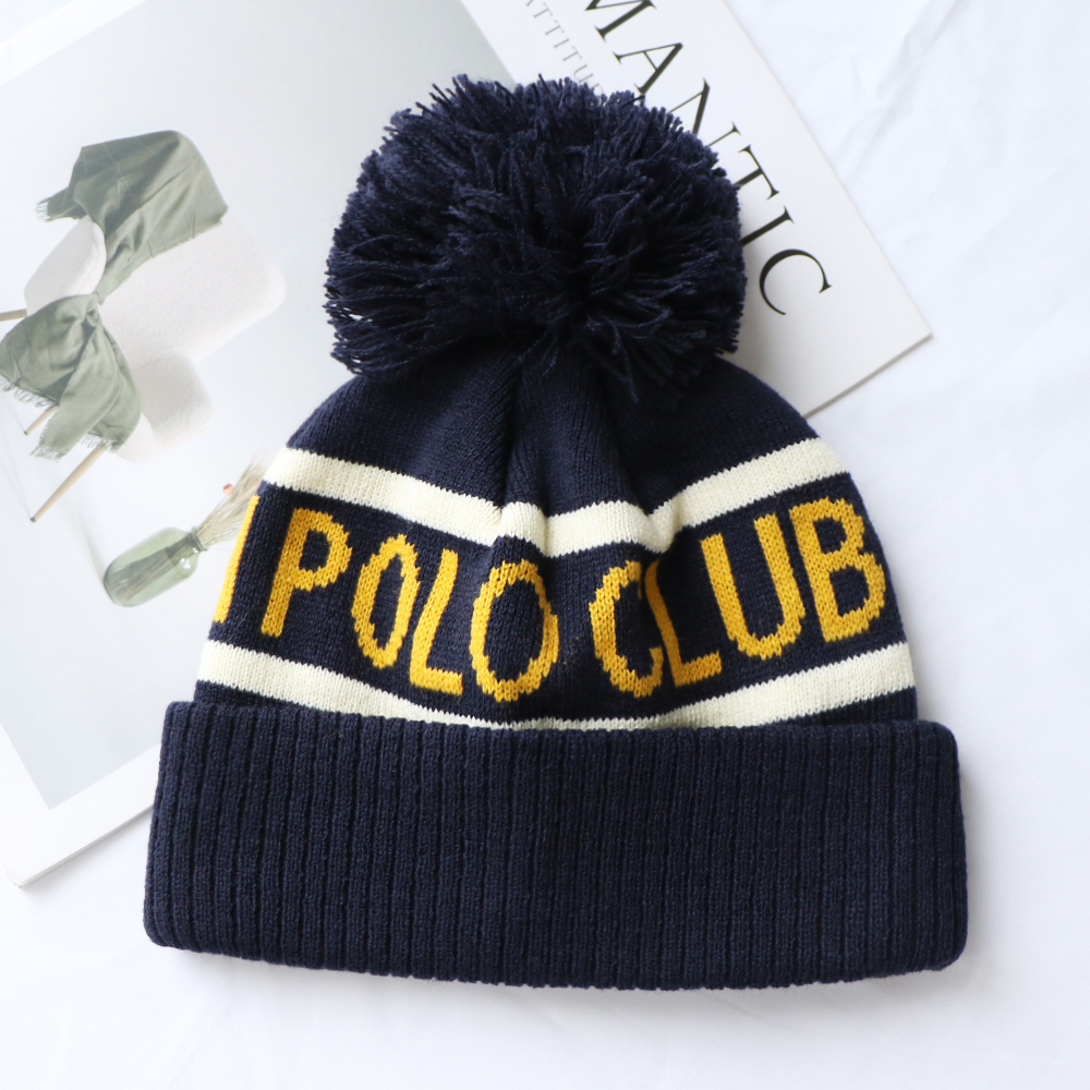 Classic Letter Jacquard Pom Pom Knit Beanie Hat Winter Cuffed Cap