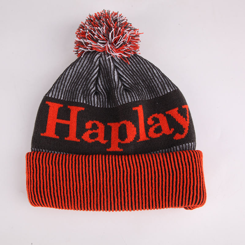 Letter Jacquard Cuffed Pom Pom Knit Beanie Hat