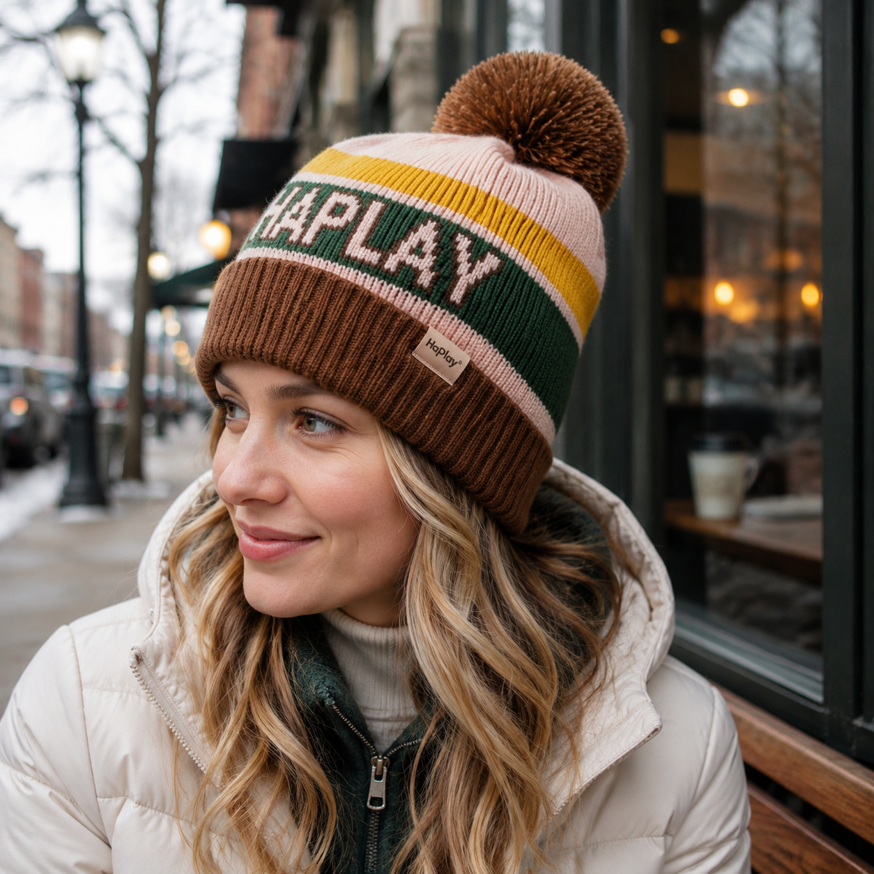 Color Block Pom Pom Jacquard Knit Winter Beanie with Folded Cuff