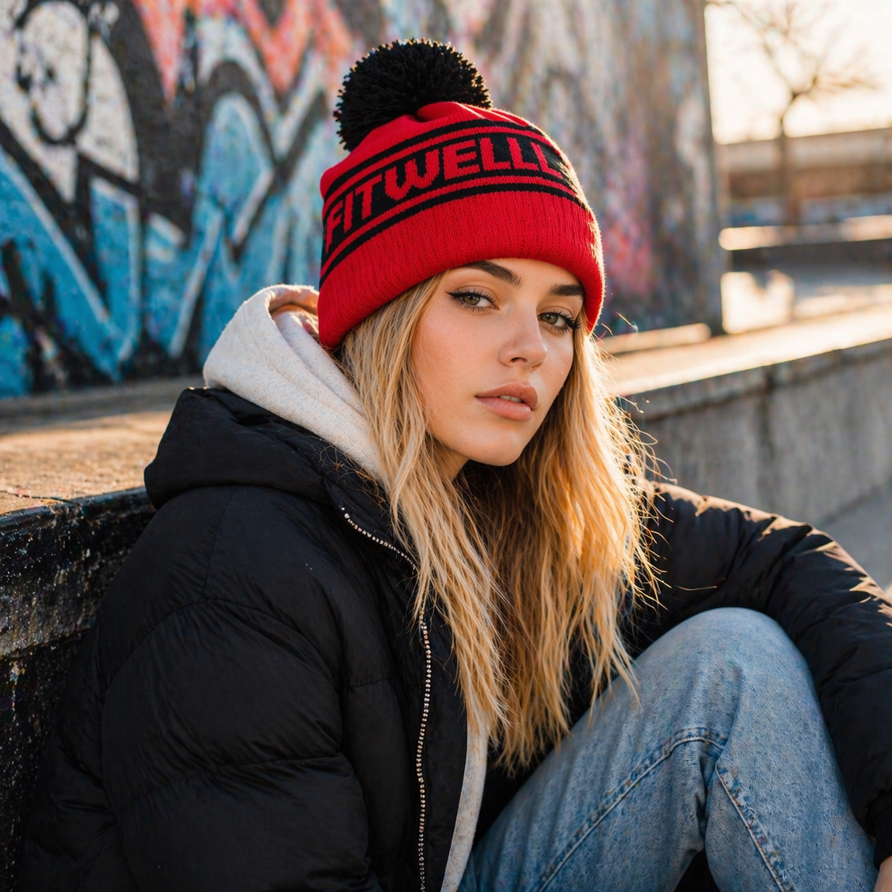 Winter Pom Pom Knitted Beanie Hat with Bold Letter Jacquard Cuffed Design
