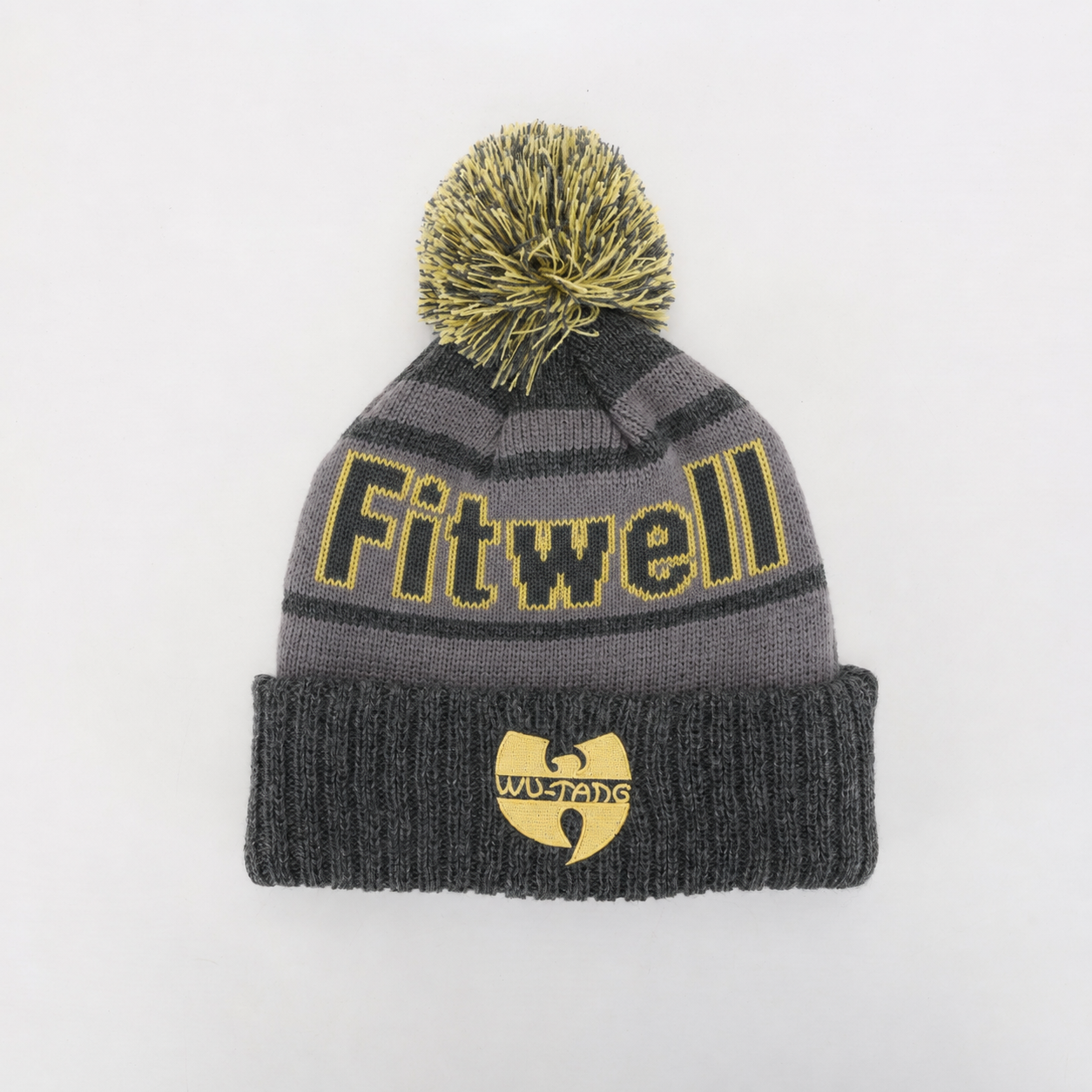 Gray Yellow Jacquard Pom Pom Cuffed Knit Beanie Hat