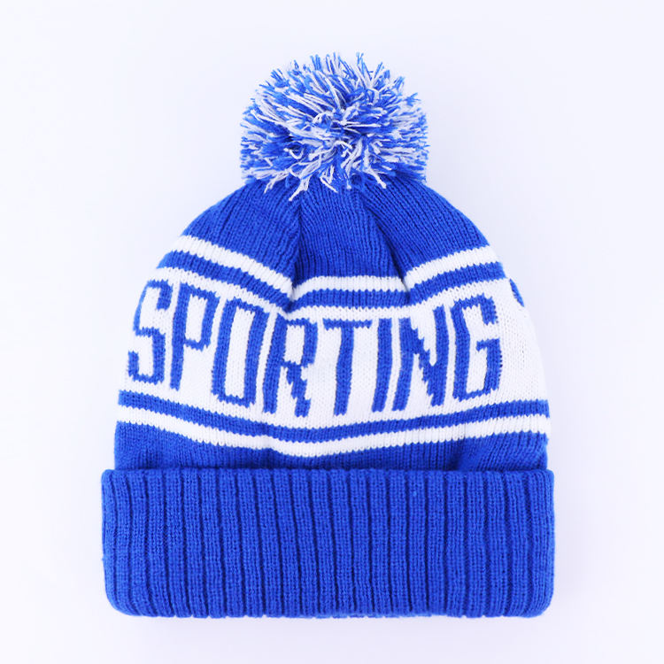 White Bay Sporting Club Blue Cuffed Pom Pom Jacquard Knit Beanie Hat