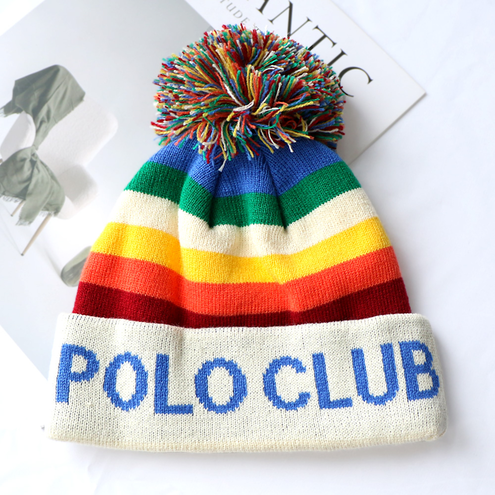 POLO CLUB Rainbow Stripe Pom-Pom Cuffed Knit Beanie