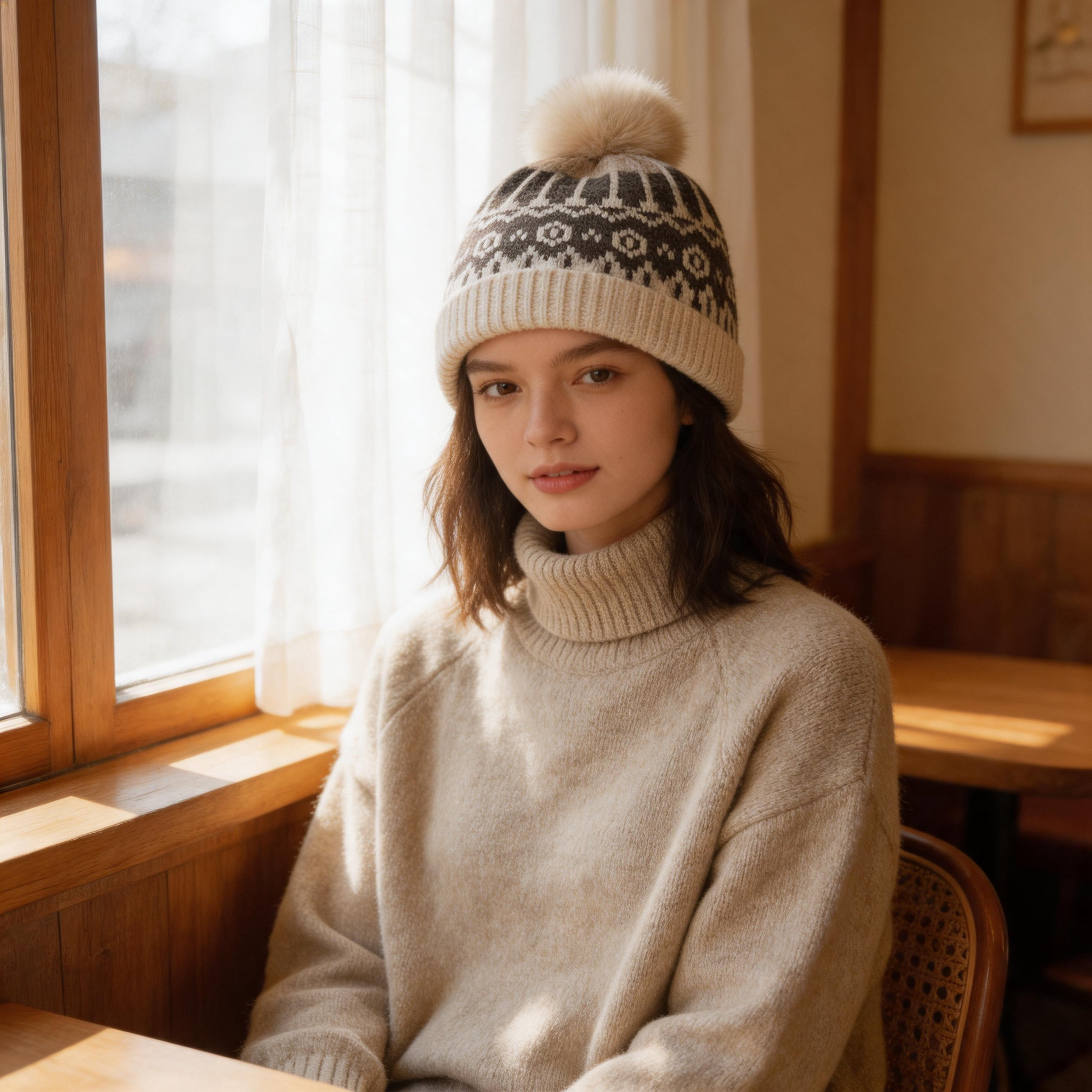 Winter Jacquard Knitted Beanie Hat with Faux Fur Pom Pom and Ribbed Cuff
