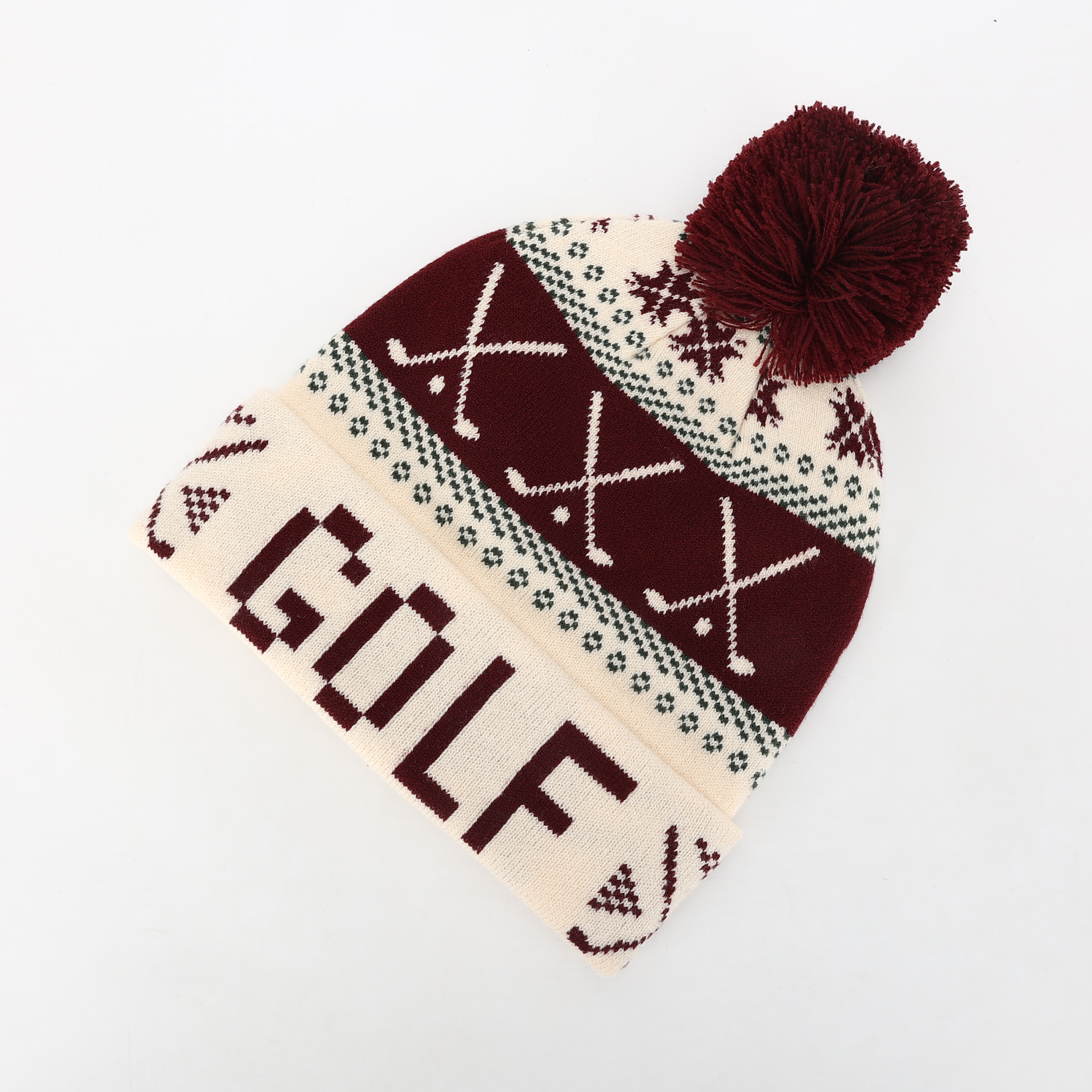 Burgundy Cream Golf Club Jacquard Pom Pom Cuffed Beanie