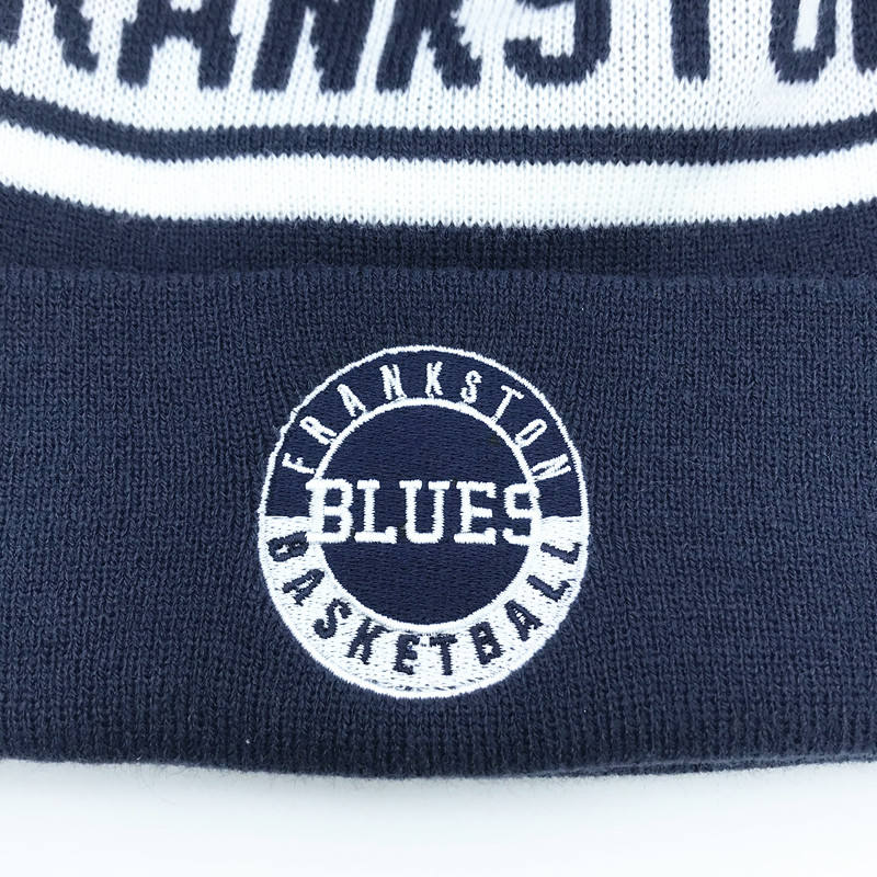 Navy and White Pom Pom Beanie with Frankston Basketball Jacquard Logo