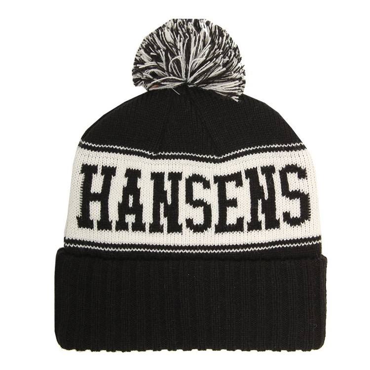 Two-Tone Pom Pom Cuffed Jacquard Knit Beanie Hat