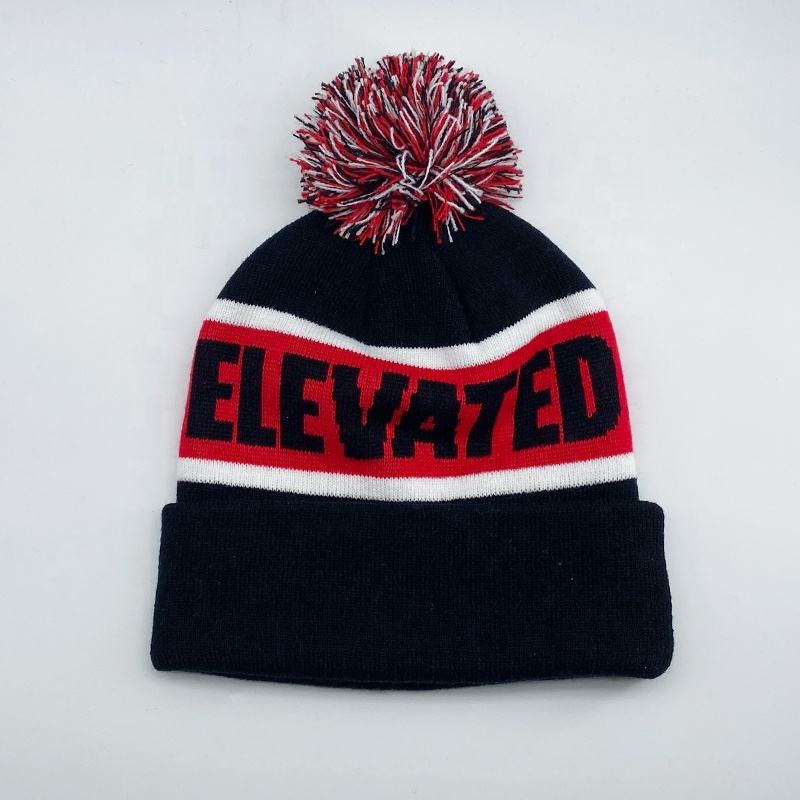 Elevated Jacquard Pom Pom Winter Beanie Hat with Cuffed Design
