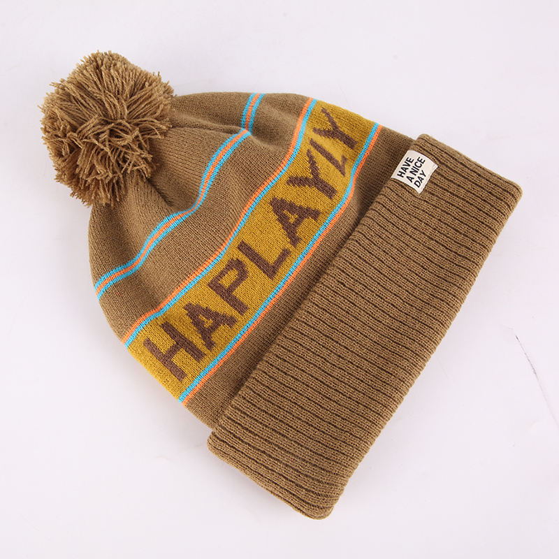Striped Pom Pom Cuffed Jacquard Knit Beanie Hat