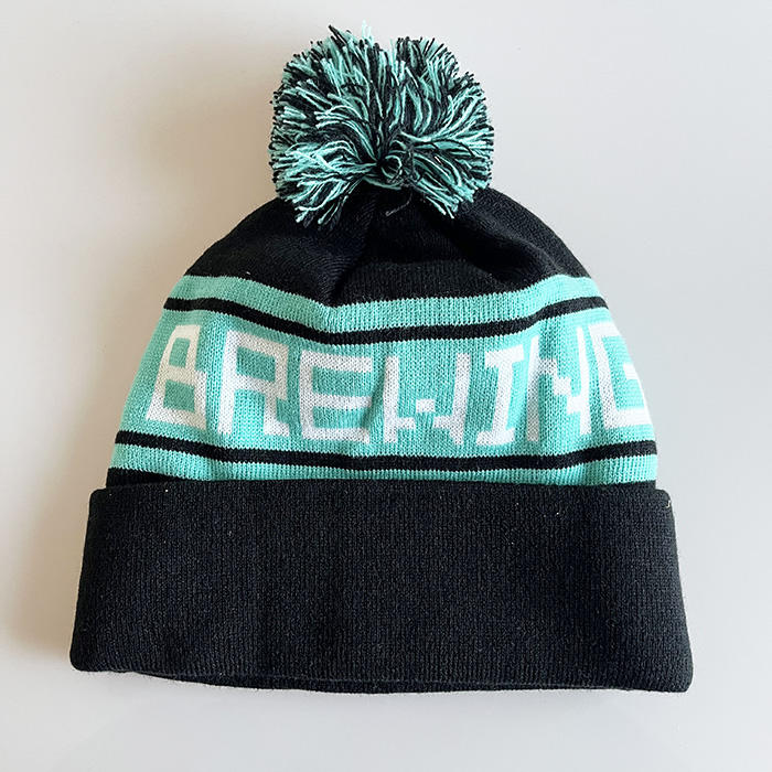 Black & Mint Jacquard Pom Pom Beanie with Letter Patch