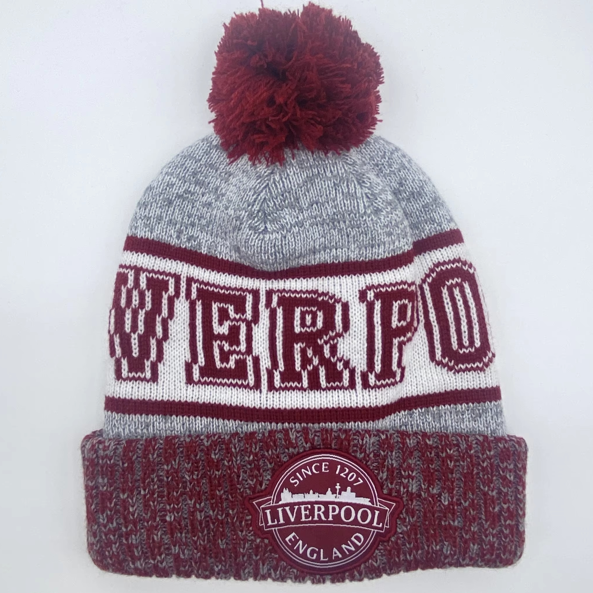 Burgundy Grey Pom Pom Cuffed Jacquard Knit Beanie Hat