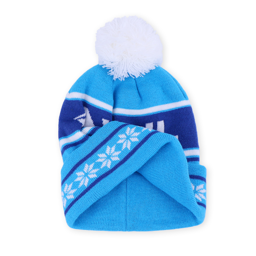 Blue Snowflake Jacquard Pom Pom Cuffed Knit Beanie