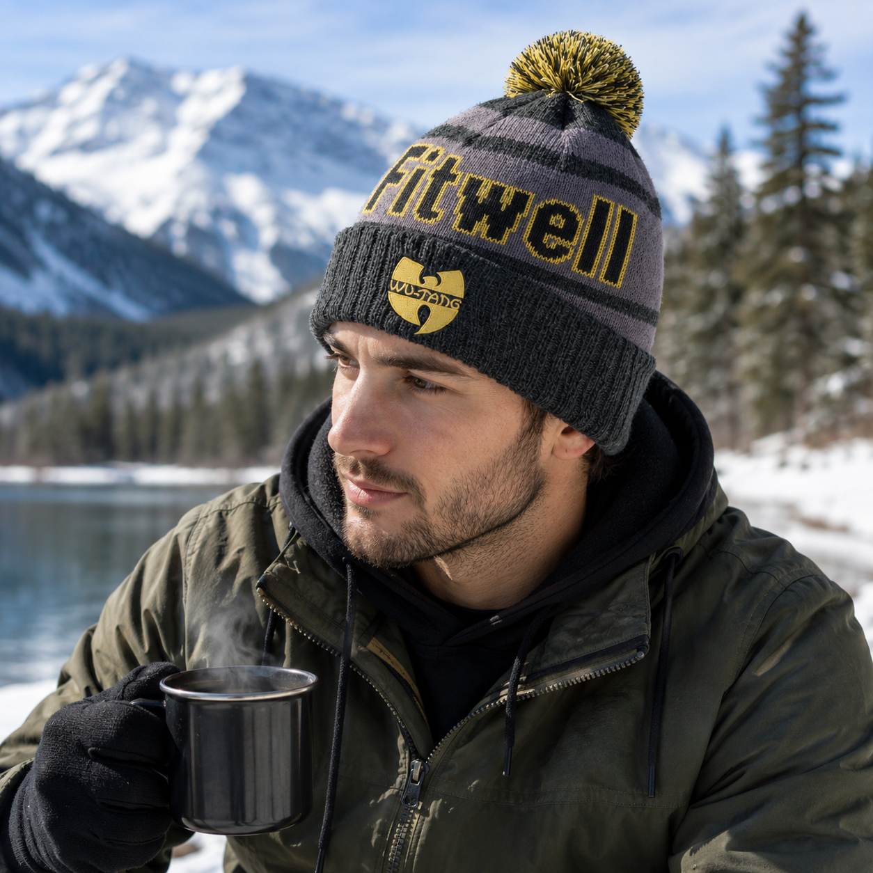 Gray Yellow Jacquard Pom Pom Cuffed Knit Beanie Hat